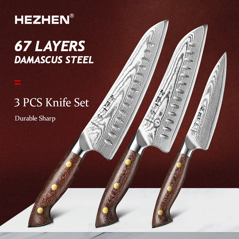 HEZHEN 3PC Knife Set 67 Layers Damascus Steel Chef + Santoku + Utilty Knife 60±2 HRC High quality Micarta Handle Kitchen Knives