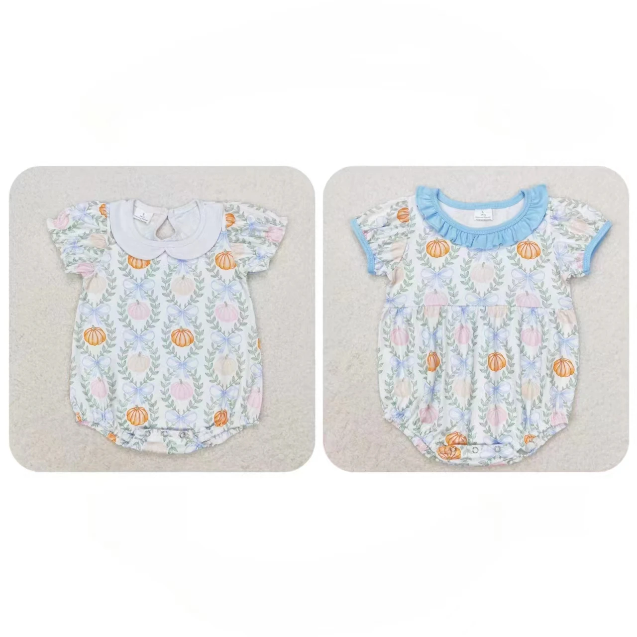 

Wholesale Baby Girl Short Sleeves Pumpkin Snap Button Newborn Children Bubble Blue Bows Romper Kid Toddler Thanksgiving Jumpsuit