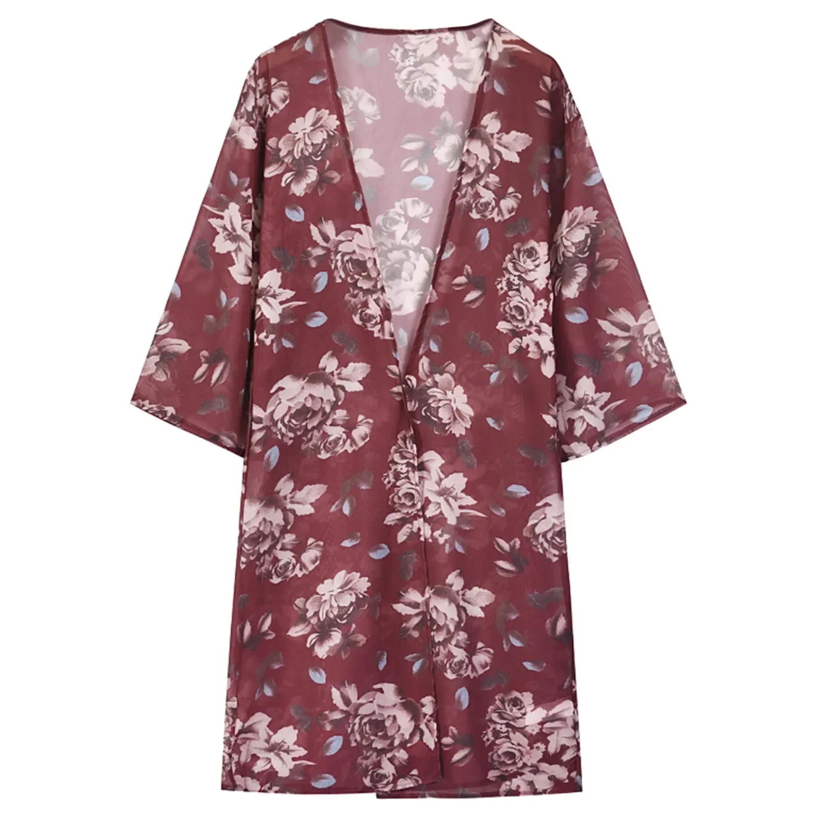 Traje de baño transparente sexy para playa, traje de baño de gasa de manga larga, nuevo estampado con dobladillo dividido, cárdigan de una pieza, vestido de playa