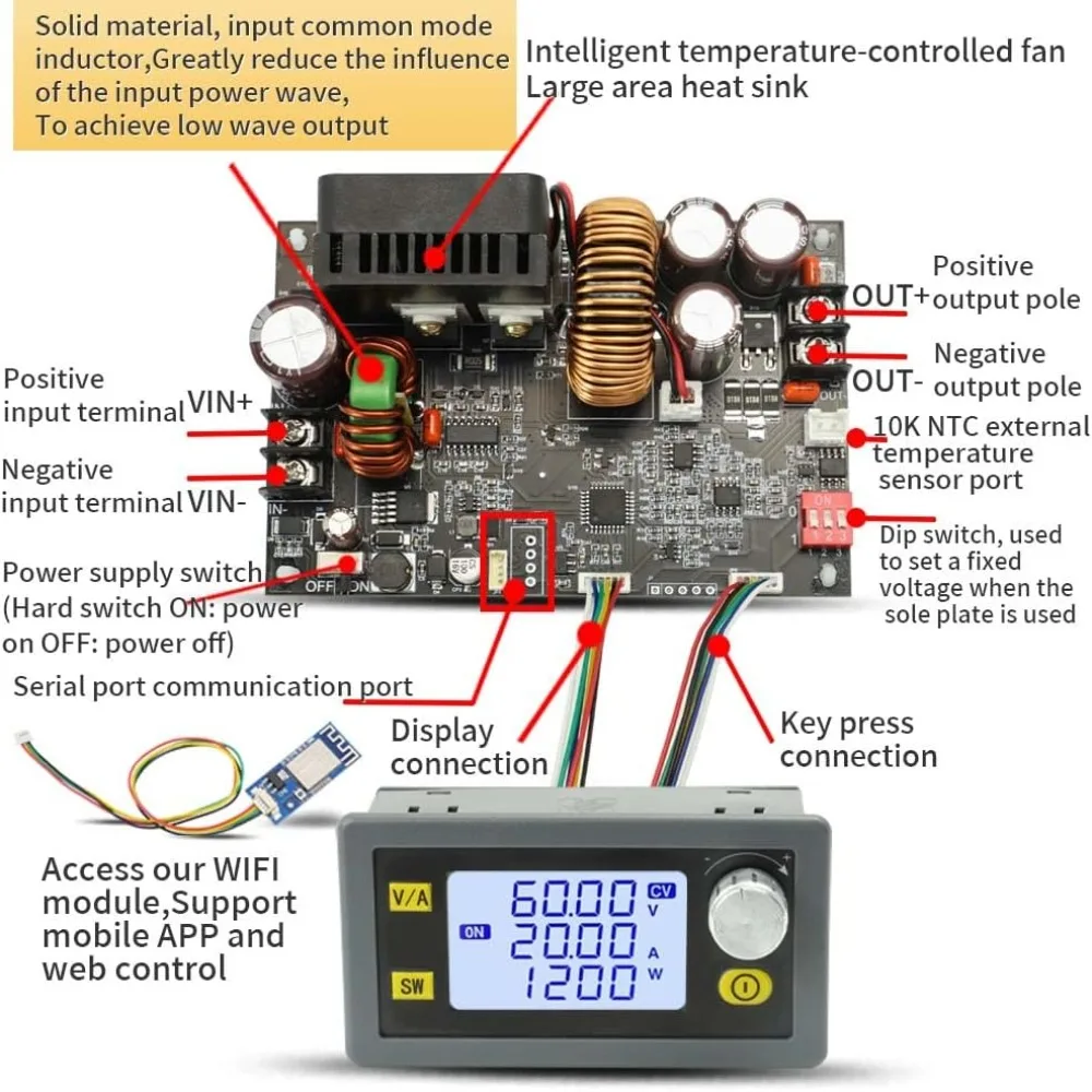 1200W Power Voltage Stabilizer 220V Input 6-70V Input Range DC Buck Converter 20A Current Adjustable Output Step Down Module