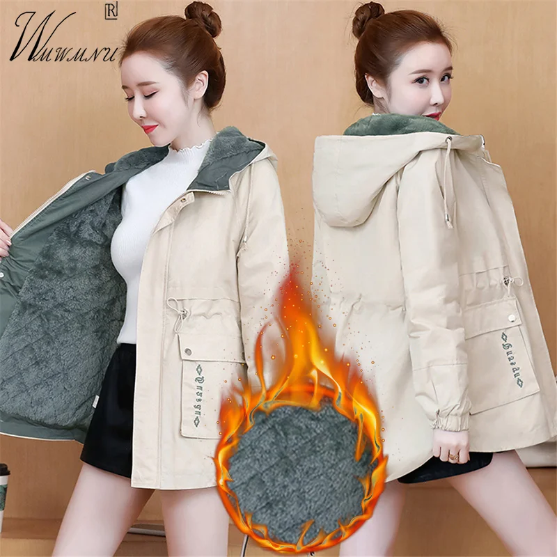 

Korean Hooded Plush Winter Jacket Women Fleece Liner Casual Parka Windproof Wool Thick Outerwear Loose Zipper Fall Warm Casaco