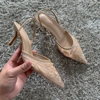 Mesh Embroidered Fashion Sandals Women String Bead High Heels Mules Shoes Pointed Toe Slingback Slippers Women Zapatos De Mujer - Image 4