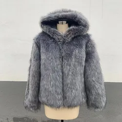 Faux Raccoon Silver Fox Fur Coat for Women, Hooded Warm Jacket, Thick Outerwear, New Style, Fashion, Winter
