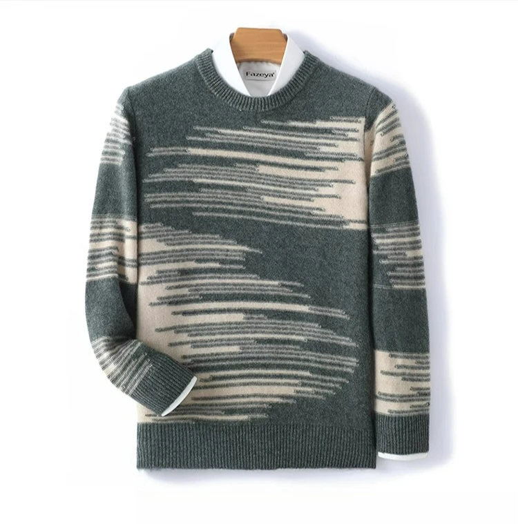 

100% Pure wool sweater men's round neck thickened color matching pullover loose casual knitted cashmere bottoming shirt