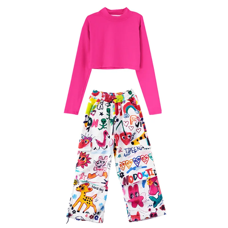 【4-15 Years Old】Girls Fashion Loose Graffiti Trouser Suits Children\'S Street Dance Hip Hop Fashion Clothes Girls Spring And S