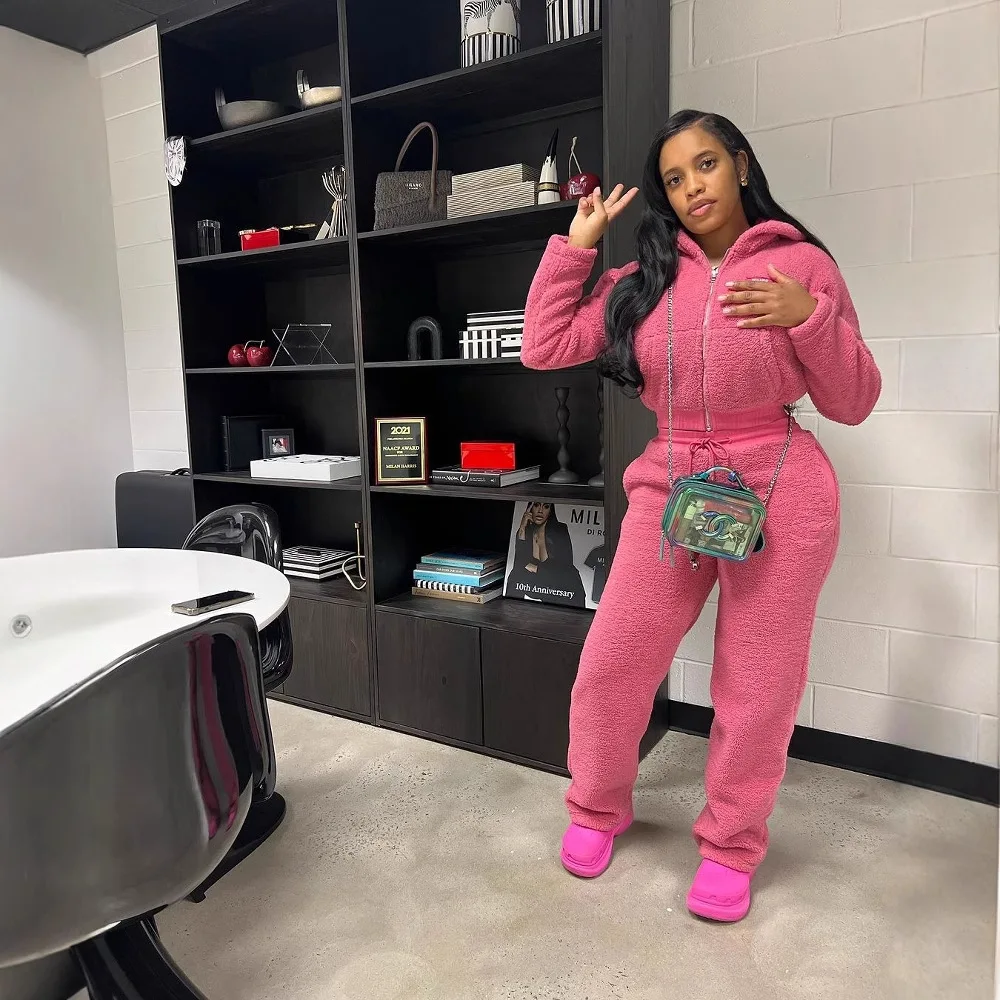 

Модный повседневный однотонный плюшевый женский костюм на осень-зиму, новая короткая куртка, тонкие теплые спортивные брюки для девочек, комплект из 2 предметов, наряды