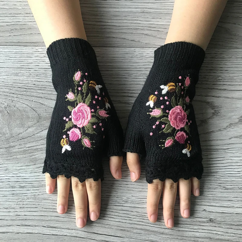 Bee Flower Embroidery Knitted Half Finger Gloves Soft Warm Handmade Autumn Winter Outdoor Women Mittens One Size