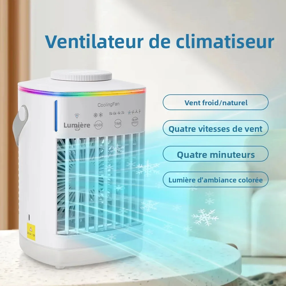 Ventilateur de climatisation portable de bureau avec lumière LED nocturne et humidificateur, mini ventilateur de refroidissement par brumisation pour le bureau et la maison