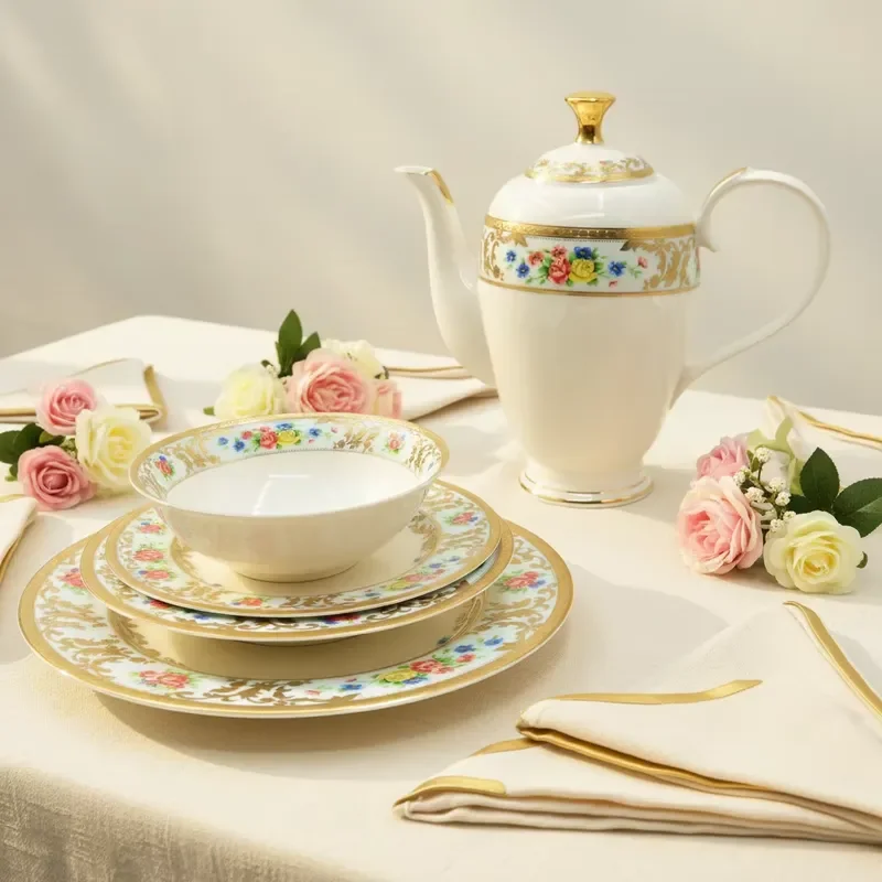 98pcs Embossed Gold Tableware Royal Style Flower Design China Dinnerware Porcelain Dinner Dish Sets