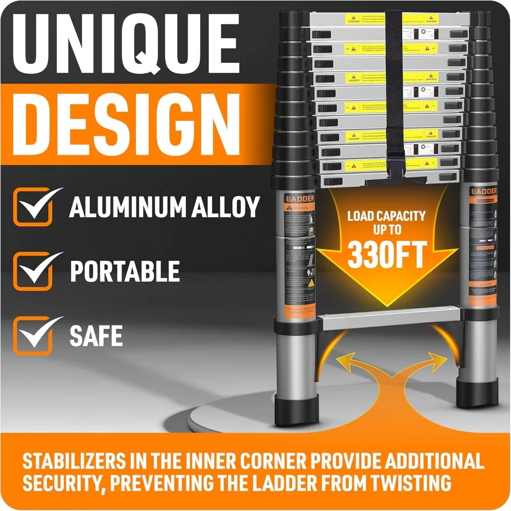 سلم تصغير من الألومنيوم بطول 12.5 قدم: سلم تمديد خفيف الوزن مع قفل أمان للمنزل والسقف والمركبات الترفيهية والوصول العلوي والخارجي