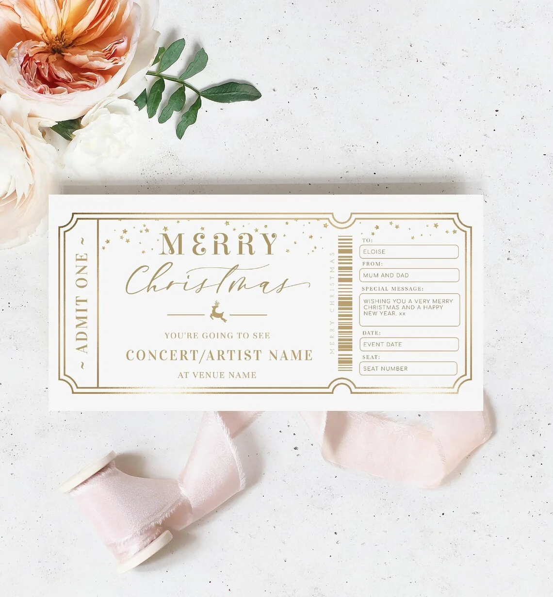 Printable Christmas Golden Ticket Custom Gift Voucher Christmas Gift Certificate Unisex Christmas Printable Present Coupon Card view 5