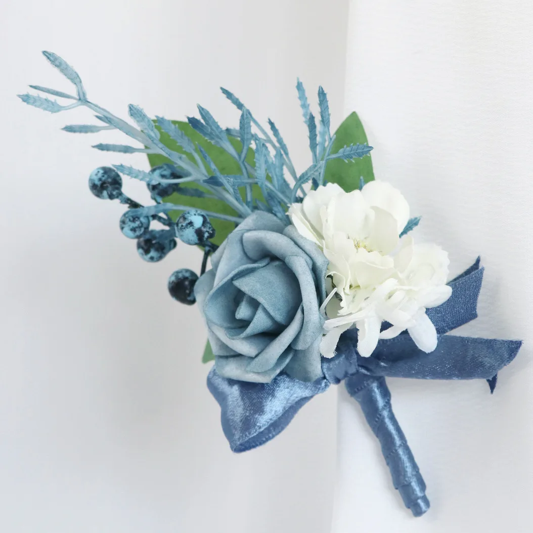 Boutonniere e pulso Corsage para noivo e noiva, rosa simulado, estilo ocidental, acessórios do casamento, atacado