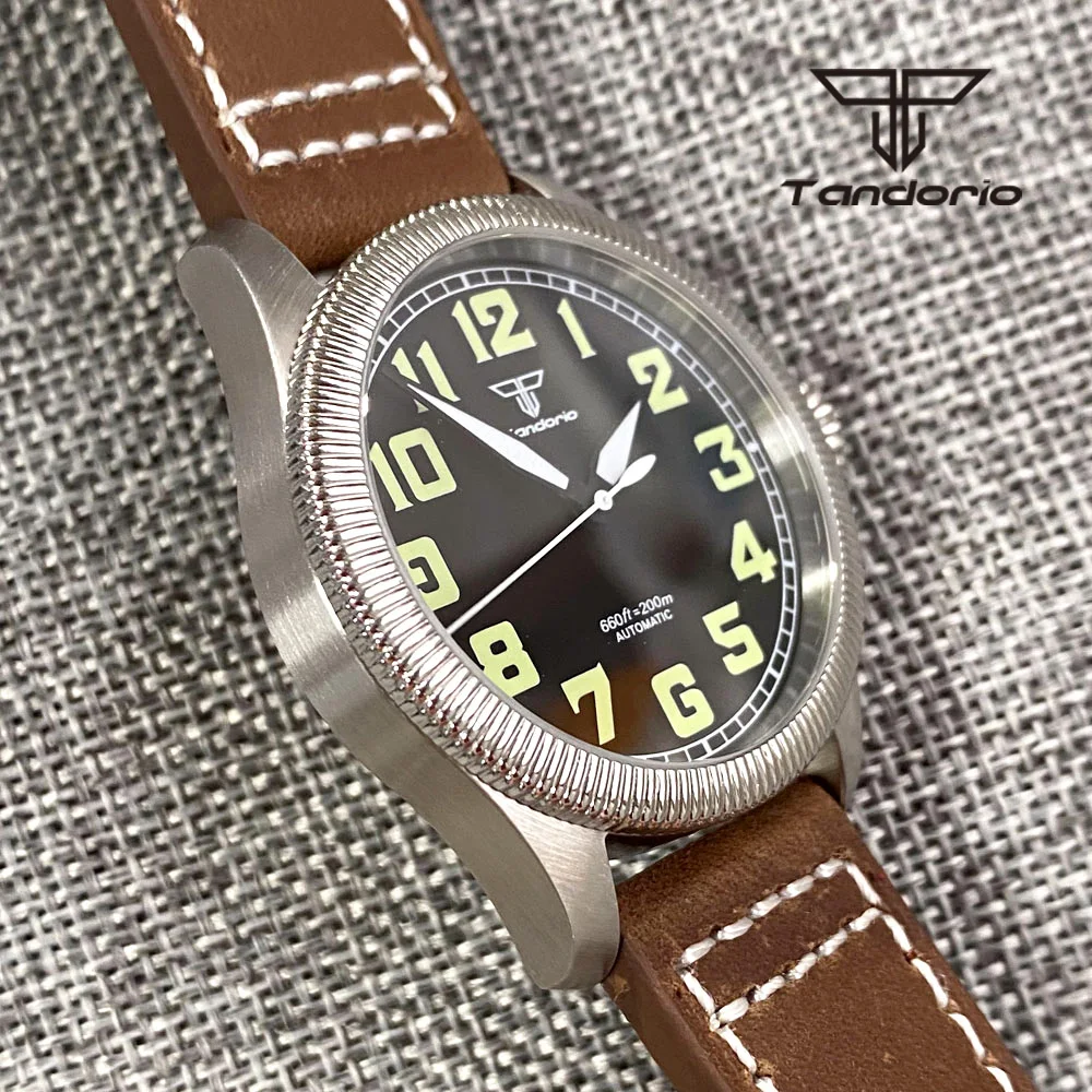 Tandorio 39mm 200M Dive Automatic Pilot Watch for Men Fluted Bezel Big Crown Green Marks NH35A PT5000 Sapphire Leather Luminous