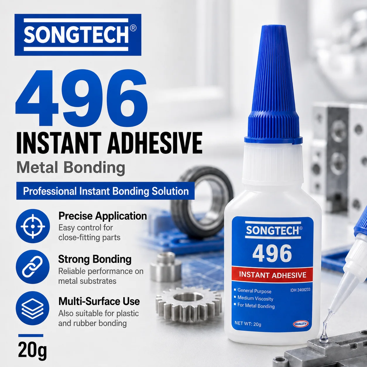 Adhesivo Instantáneo SongTech Loctite 496, Superpegamento para Metal, Adhesivo de Cianocrilato de Unión Rápida, Adhesivo de Reparación de Alta Resistencia