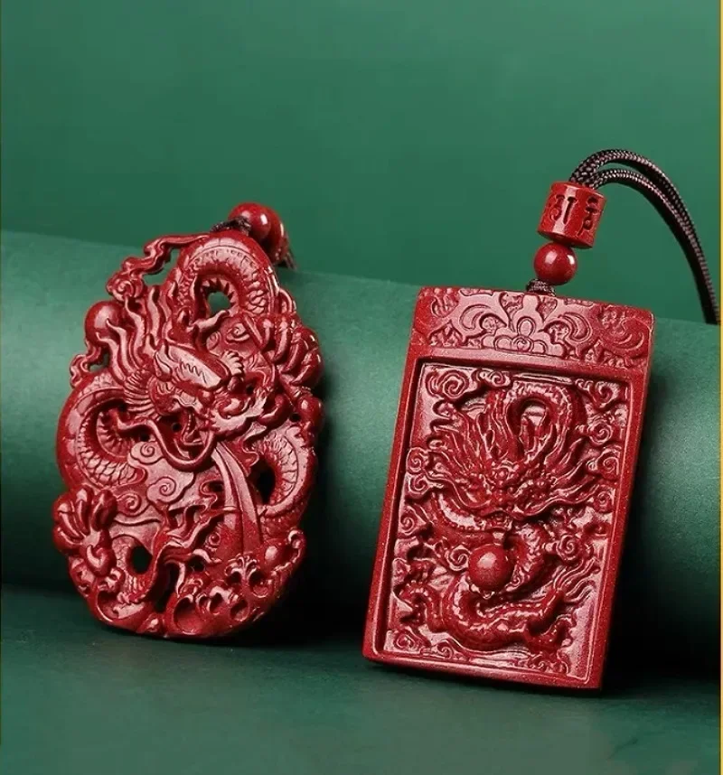 

Fashion Cinnabar Jade Double Sided Carving Dragon Pendant Necklace Jewellery Chinese Healing Women Man Luck Gift Sweater Chain