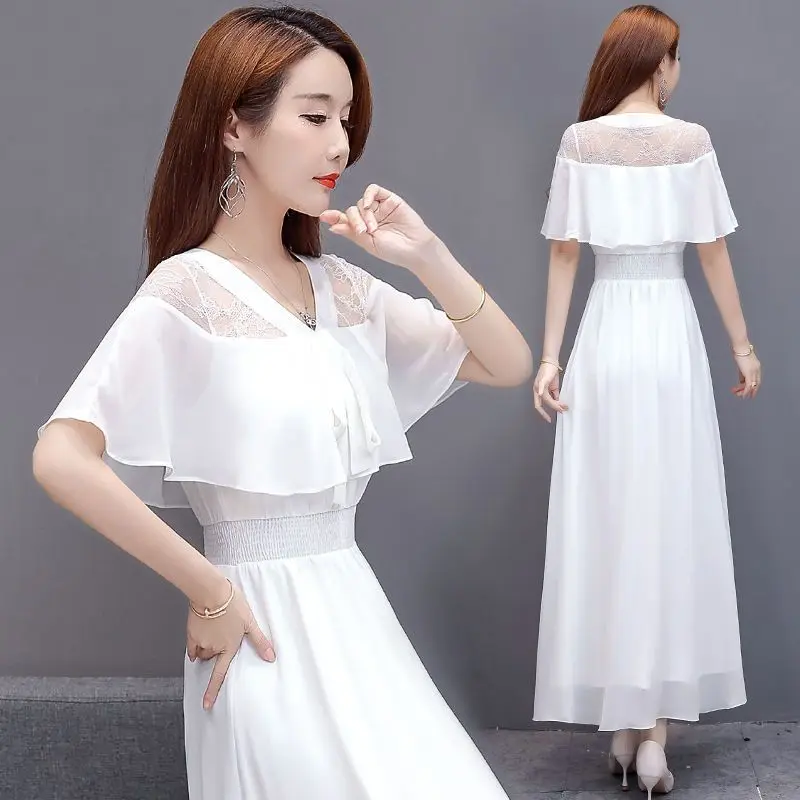 

White Chiffon Long Dress Slim Fit Lace Dress 2025 New Summer Elegant V-Neck Cloak Sleeves Beach Party Dress For Women