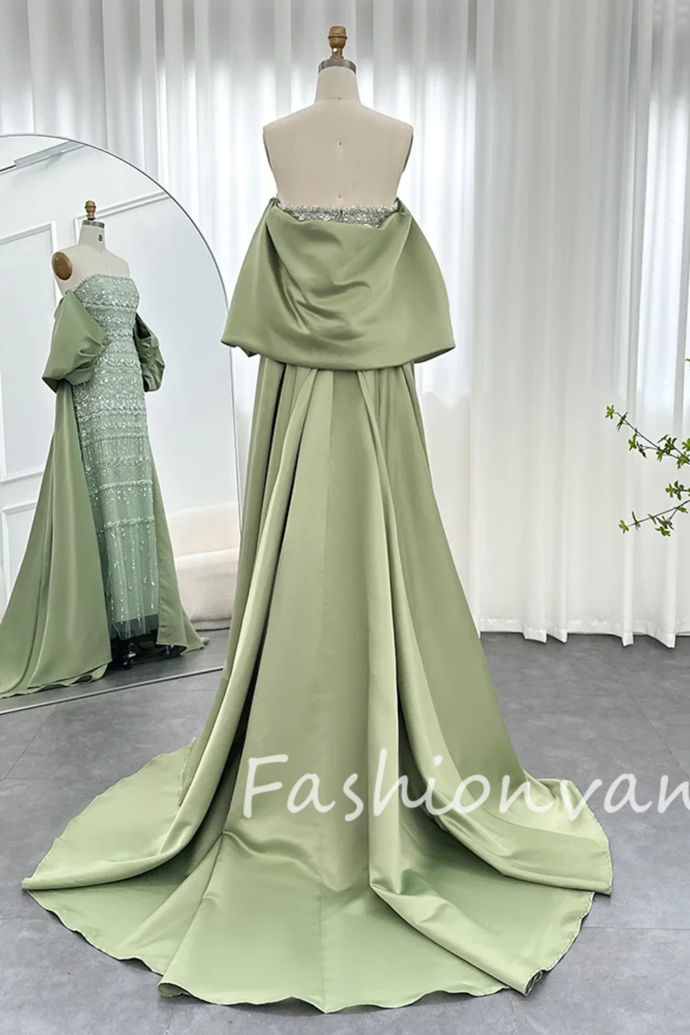 Fashionvane 2024 schede off-shoulder lange mouwen volledig pailletten kralen vloerlengte elegante galajurk met sleep