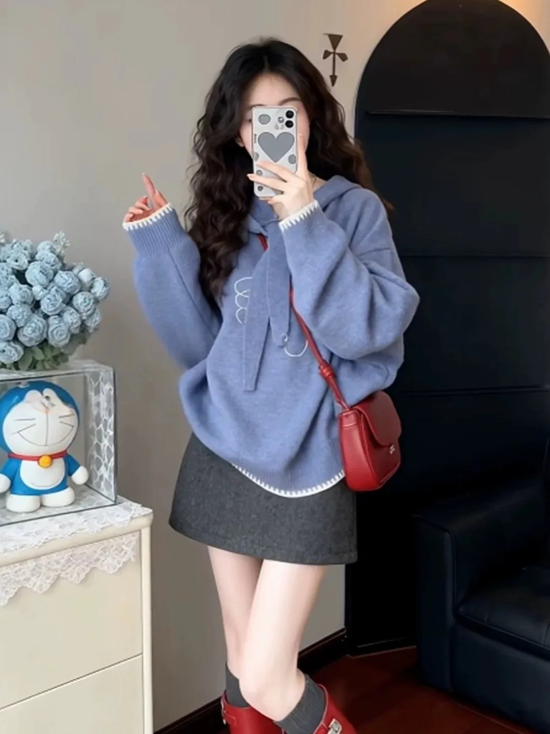 블루 후드 루즈 니트 스웨터 여성용 가을 겨울 패션 레이지 스타일 고급스러운 느낌 독특한 탑 카피품 아님