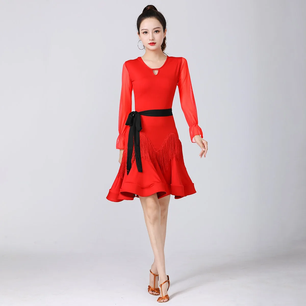 Latin dance costume female adult four season new style slimming long sleeved mesh tassel slit dress practice outfit