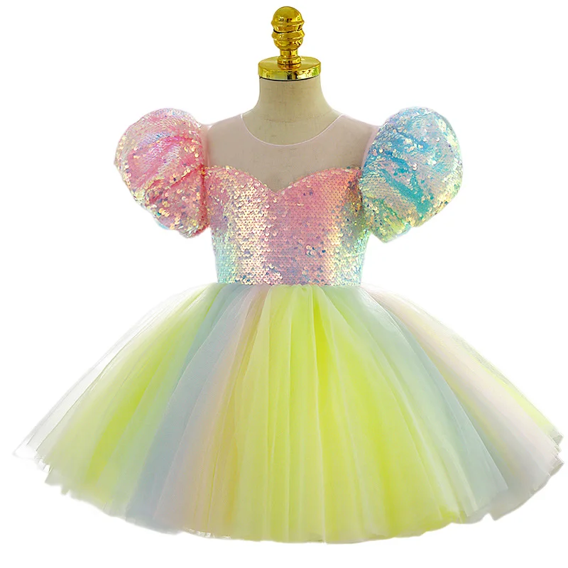 Sequined Rainbow Unicorn Bubble Sleeve Birthday Dress Multi-color Carnival Pageant Evening Party Princess Gown for 1-14Y Girls