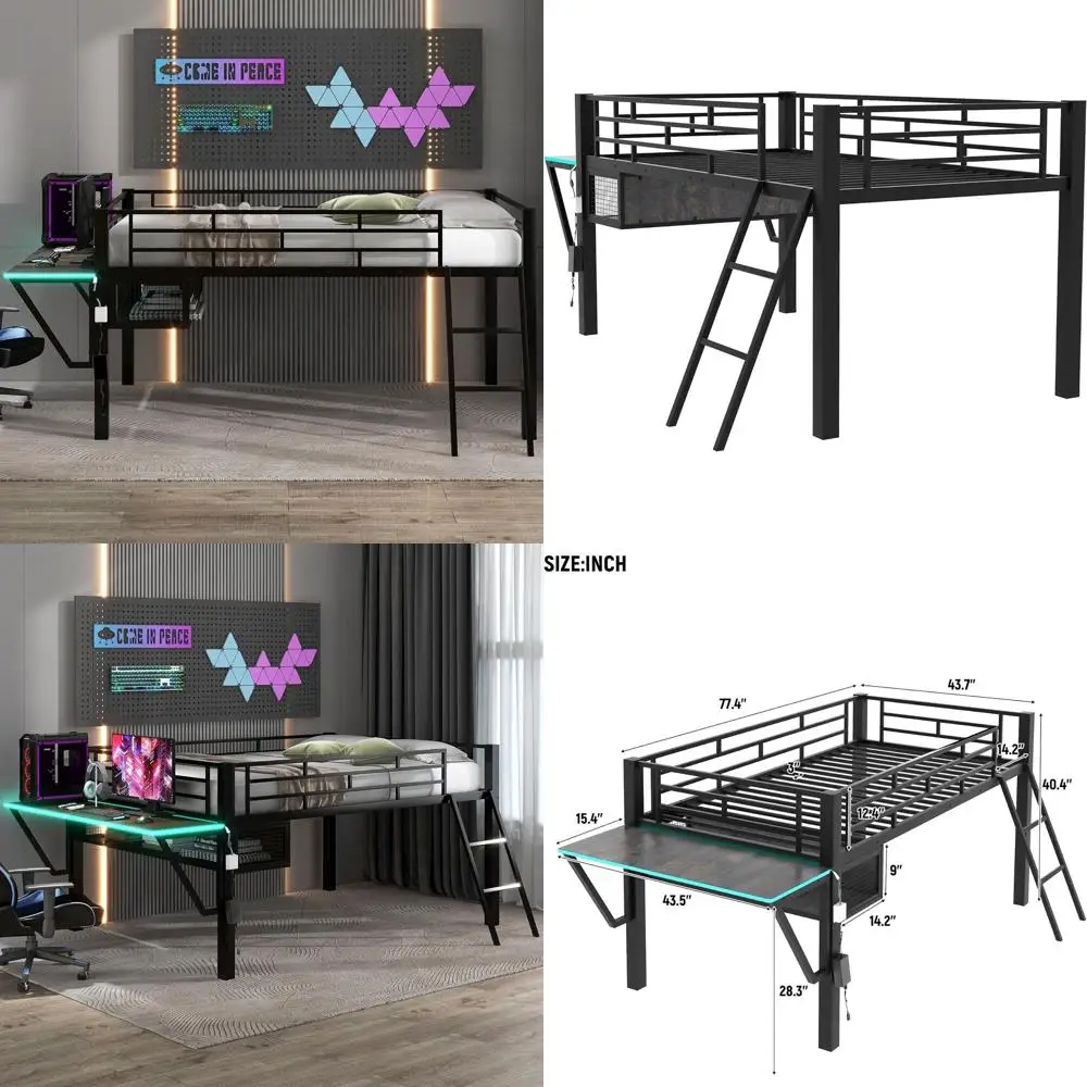 

Twin Size Metal Low Loft Bed with Desk, LED Light, and Storage for Kids and Teens, Black