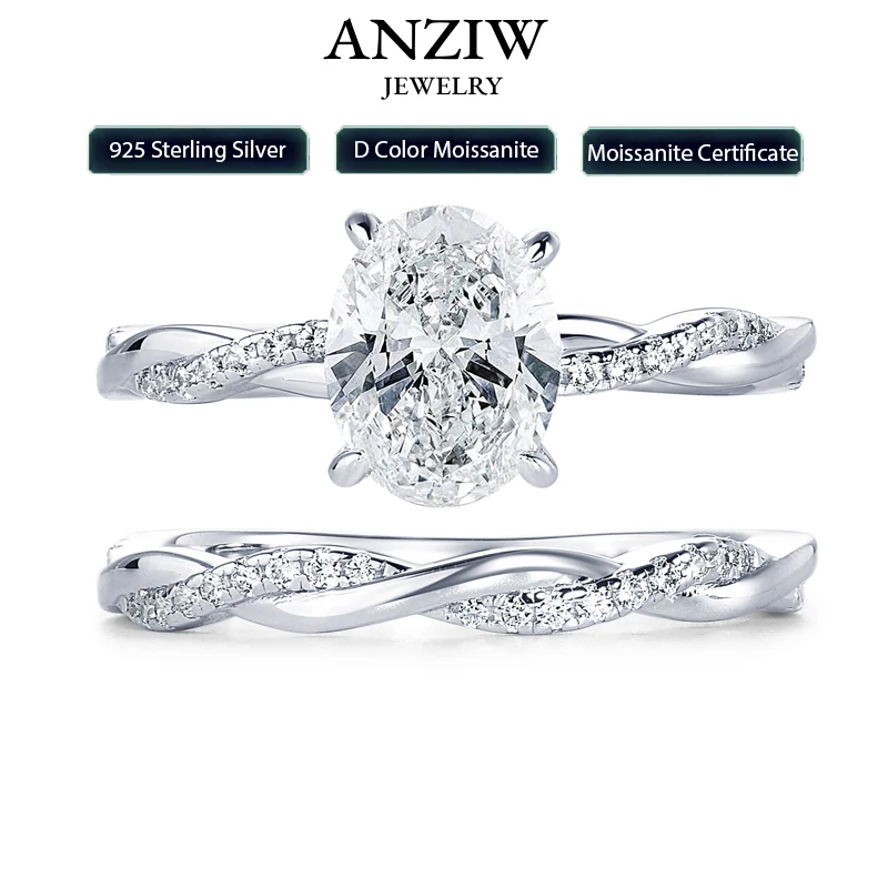 

Anziw Original 925 Sterling Sliver Bridal Ring Set 2.0 Carat Oval Moissanite Engagement Wedding Promise Bands Jewelry for Women