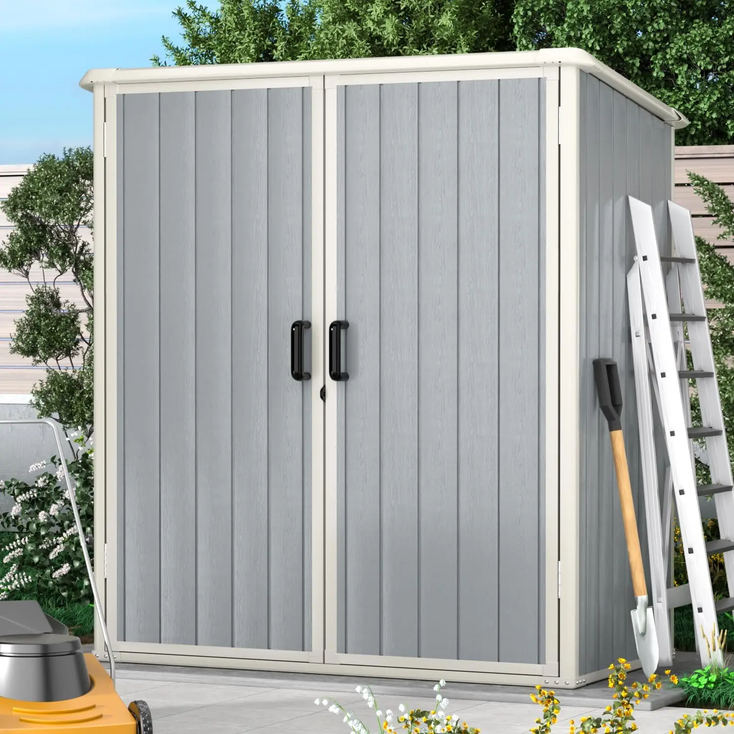 

Outdoor Storage Shed 5 x 3FT, Resin Shed with Floor and Lockable Door, Plastic Shed for Bike, Garbage Can, Tool, Accessories