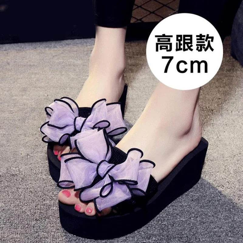 Women Bow Summer Sandals Slipper Indoor Outdoor Beach Shoes Summer Women\'s Shoes Flip Flops on The Platform Black Slippers