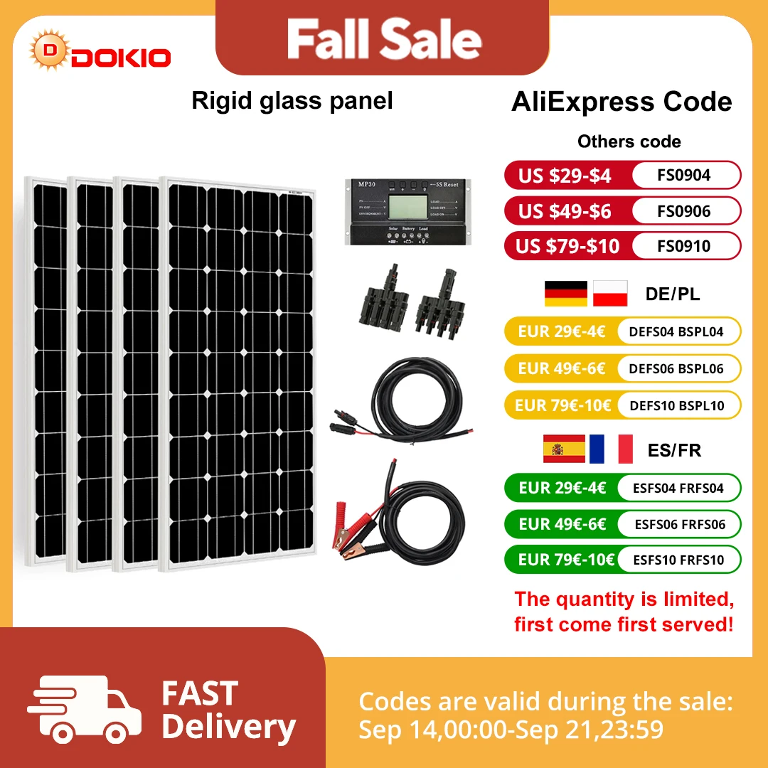 Dokio 18V 100W 200W 400W Waterproof New Rigid Solar Panel Set Controller For Home Charge 12V Car Battery Monocrystalline China
