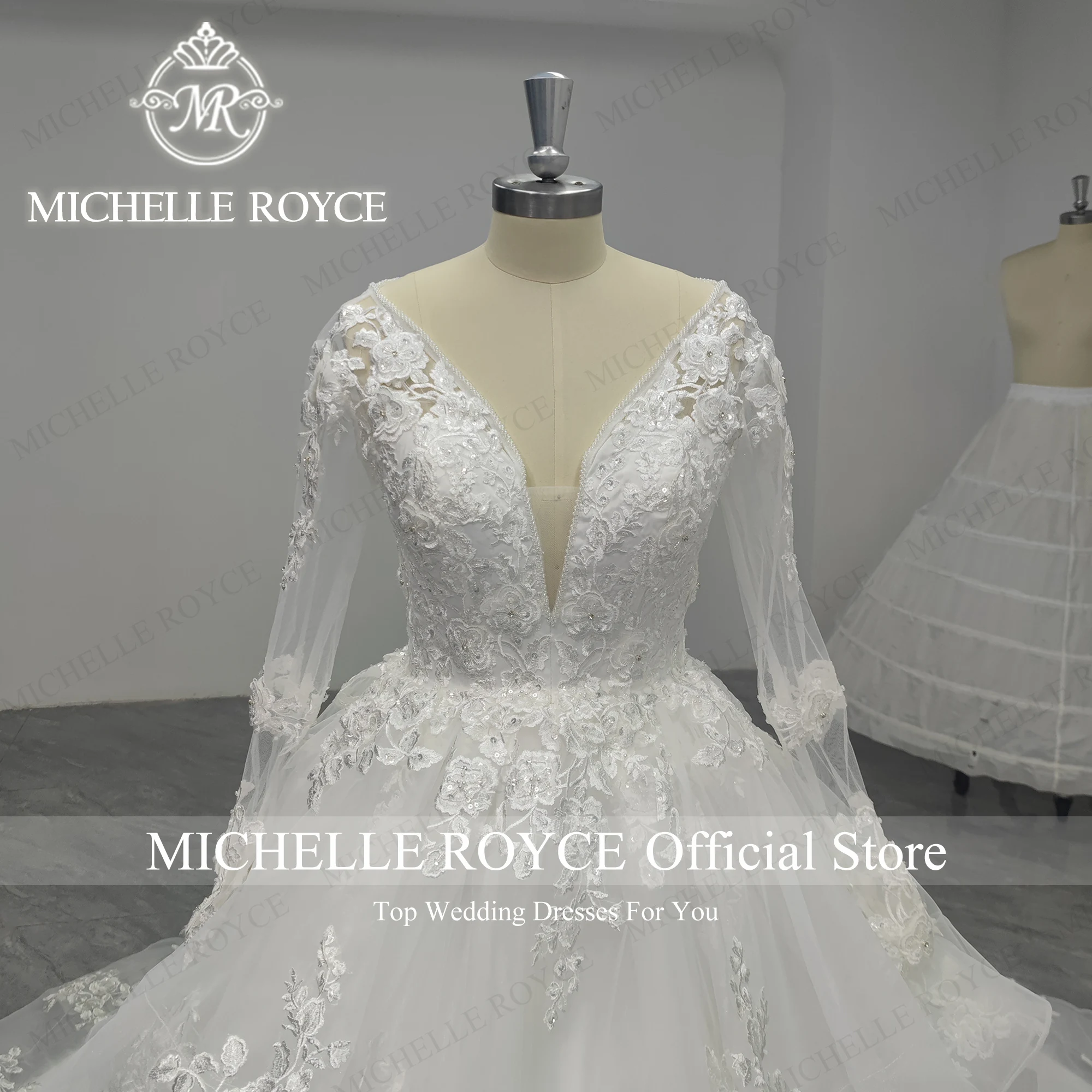 

Michelle Royce Luxury Ball Gown Wedding Dress For Women Sexy Deep V-neck Beading Flowers Cut-out Wedding Gown Vestidos De Novia