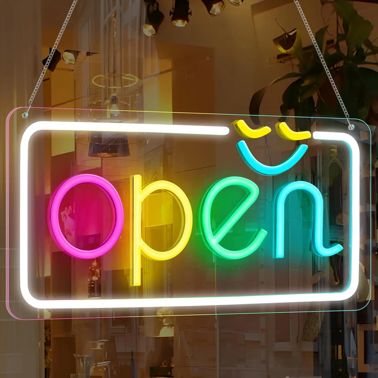 Multicolor Smiley Face Open Neon Sign LED Business Sign for Storefront Cafe Bar Restaurant Welcoming Shop Decoration