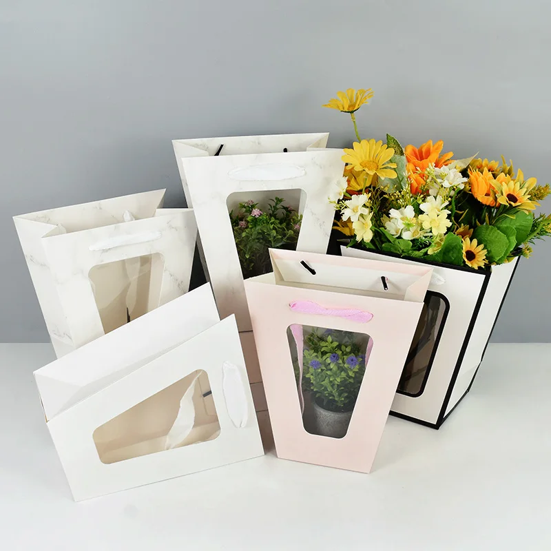 Trapezoidal Shape Portable Flower Box Bags With Clear Window DIY Candy Cookie Biscuit Chocolate Packaging Bag Florist Supplies