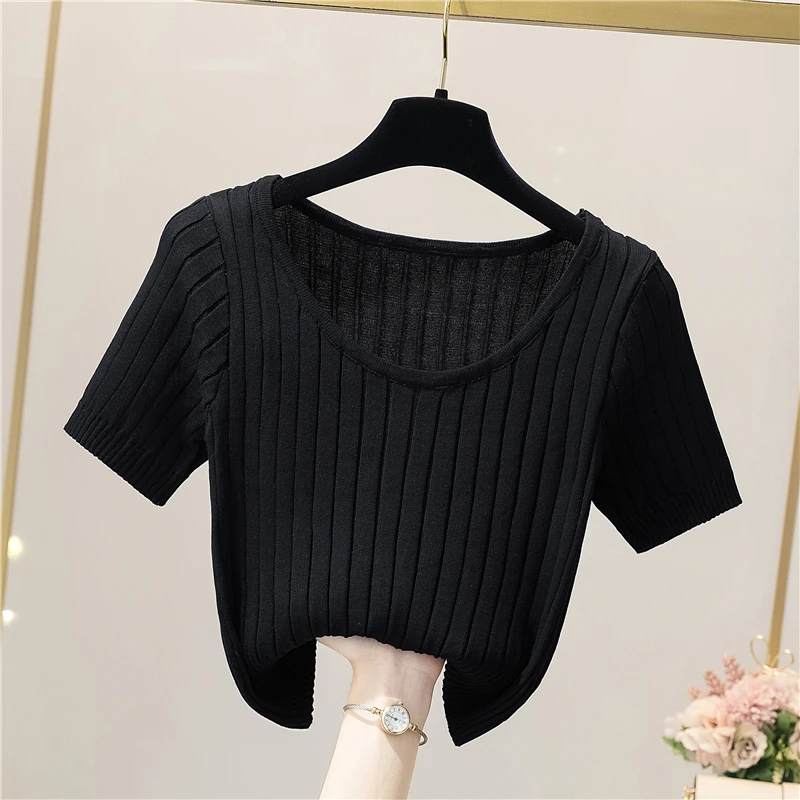 Y2k Cropped Tank Tops Für Mädchen Weiß Blusen T-shirts Stricken Schwarz T Shirts Koreanische Sommer Streetwear Frauen Tees Blau Kleidung