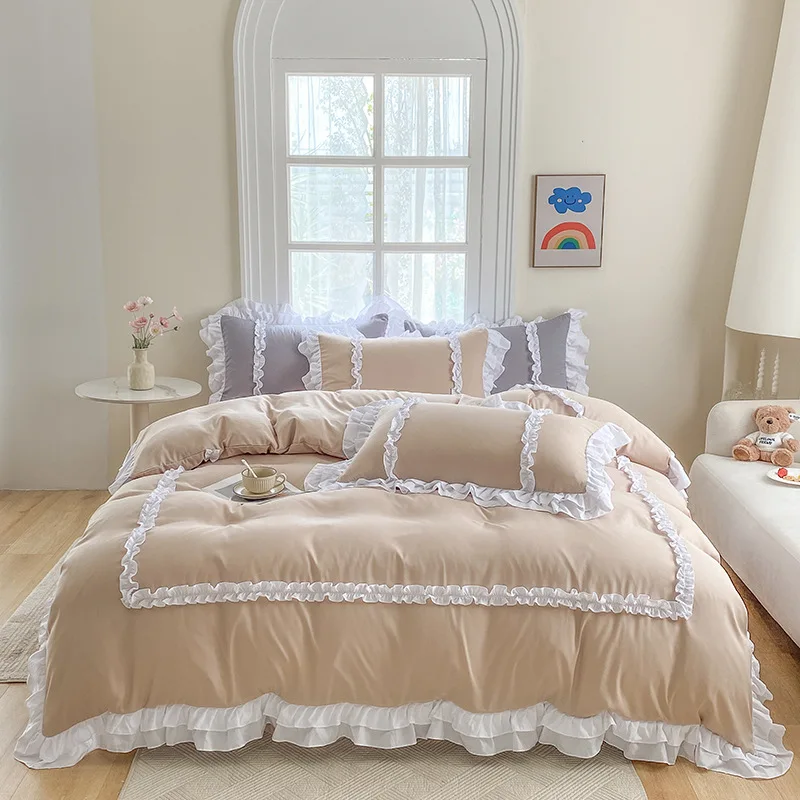 

Lolita Princess Ruffle Bedding Set Washed Cotton Duvet Cover Bed Linen Sheets Cuter Girly Bedroom Four Piece Kit Queen King Soft