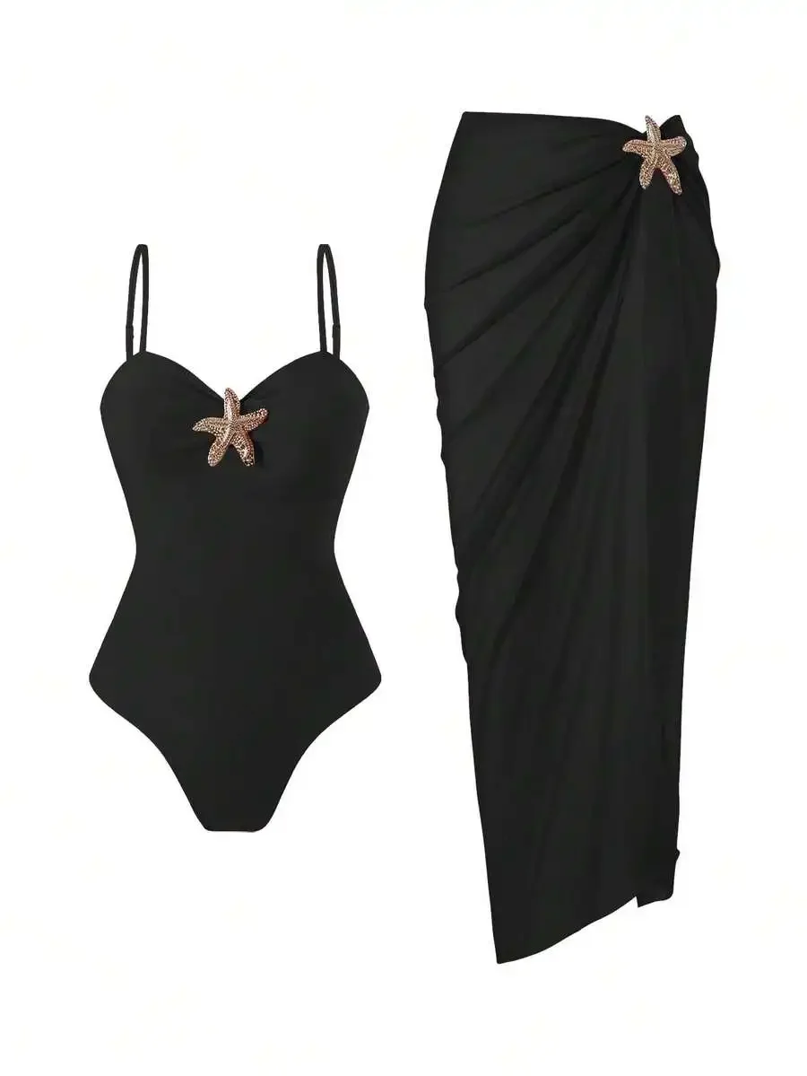 

Black Spaghetti Strap One-Piece Swimsuit With Starfish Decor And Maxi Skirt Set