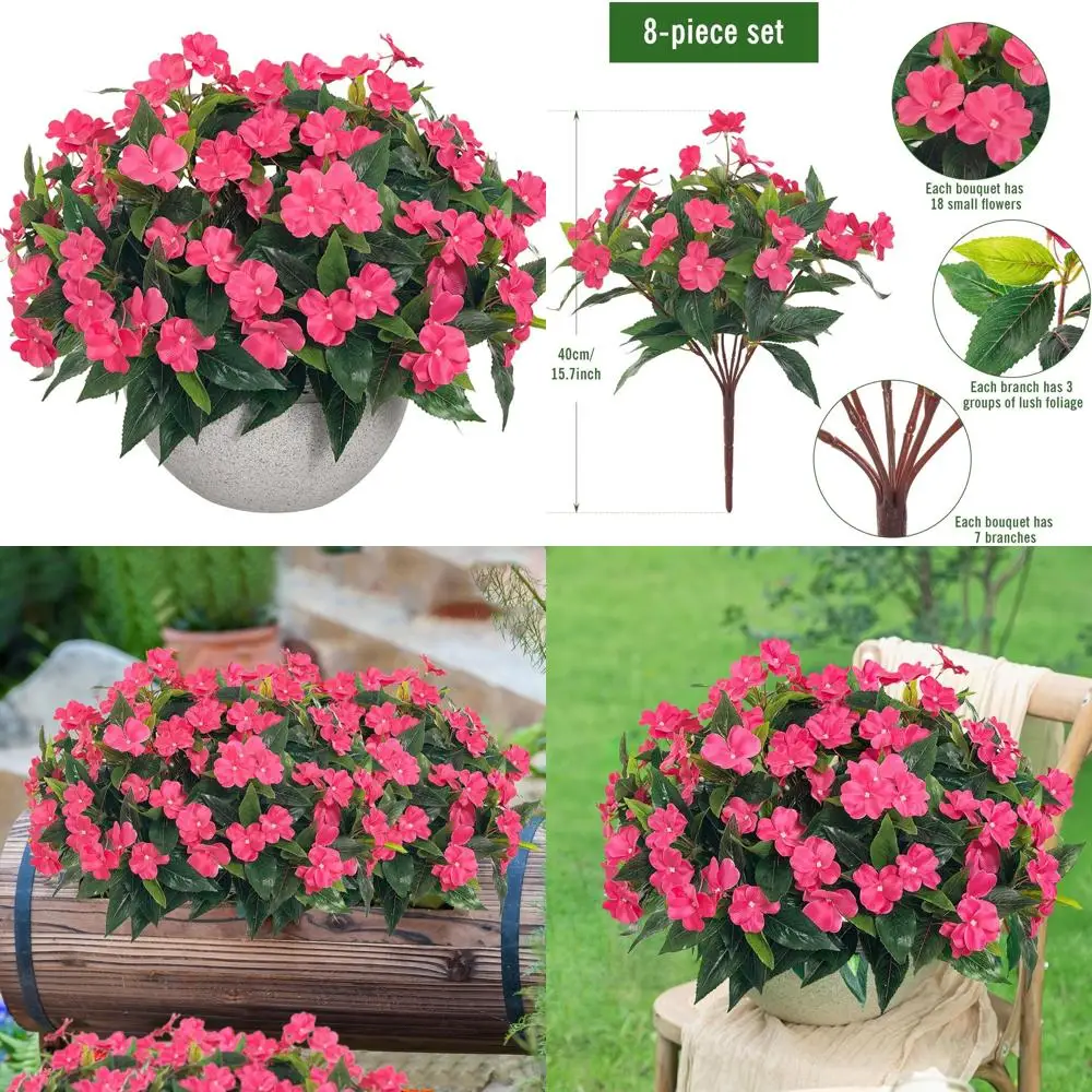 

Artificial Impatiens Bouquet, 15.7 Rose Red Silk Flowers, 8 Pieces for Indoor & Outdoor Planters