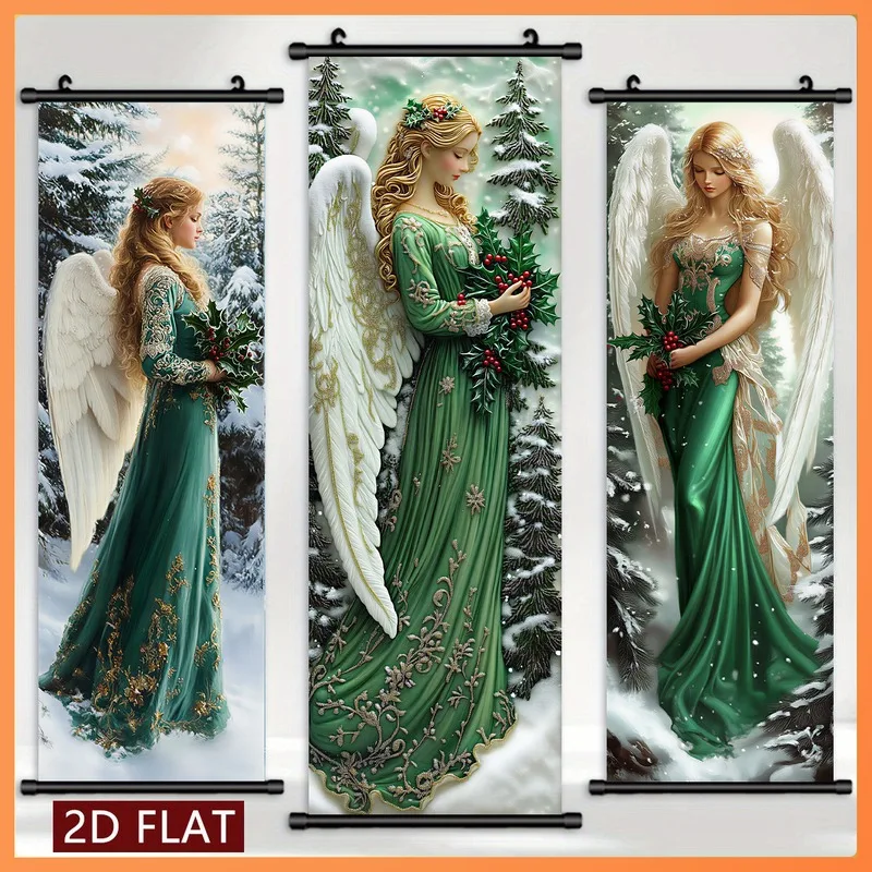 VIKAMA 3PCS Christmas Wall Hanging Set, Golden Angel Figure Neutral Scroll Banner for Xmas Home Decor