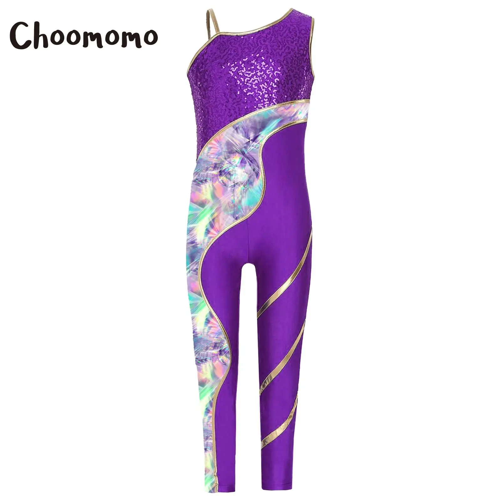 

Kids Girls One Shoulder Sleeve Ballet Dance Leotard Workout Gymnastic Skating Jumpsuit Shiny Sequins Print Full Length Bodysuit