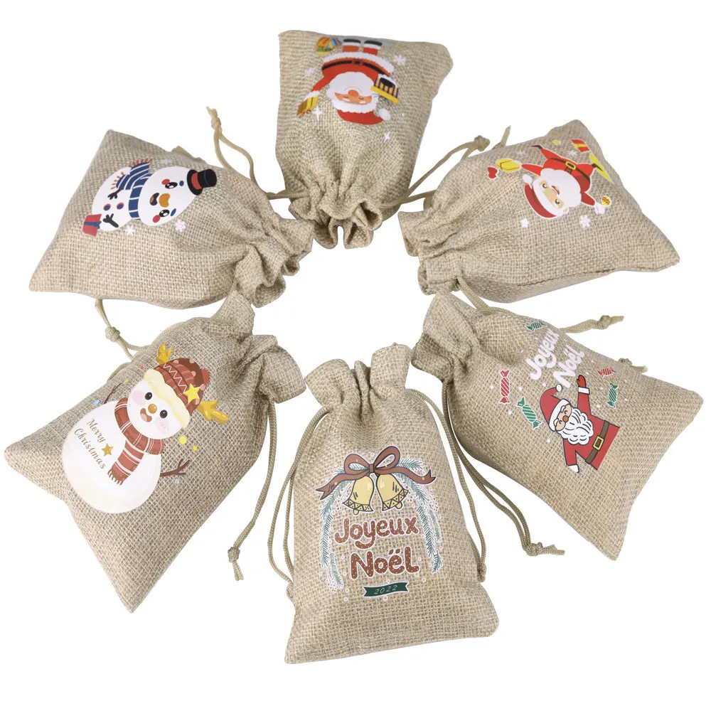 10pcs/lot Christmas Burlap Gift Bag 10x14cm Christmas Tree Printing Party Candy Jewelry Chocolate Drawstring Gift Bag & Pouches