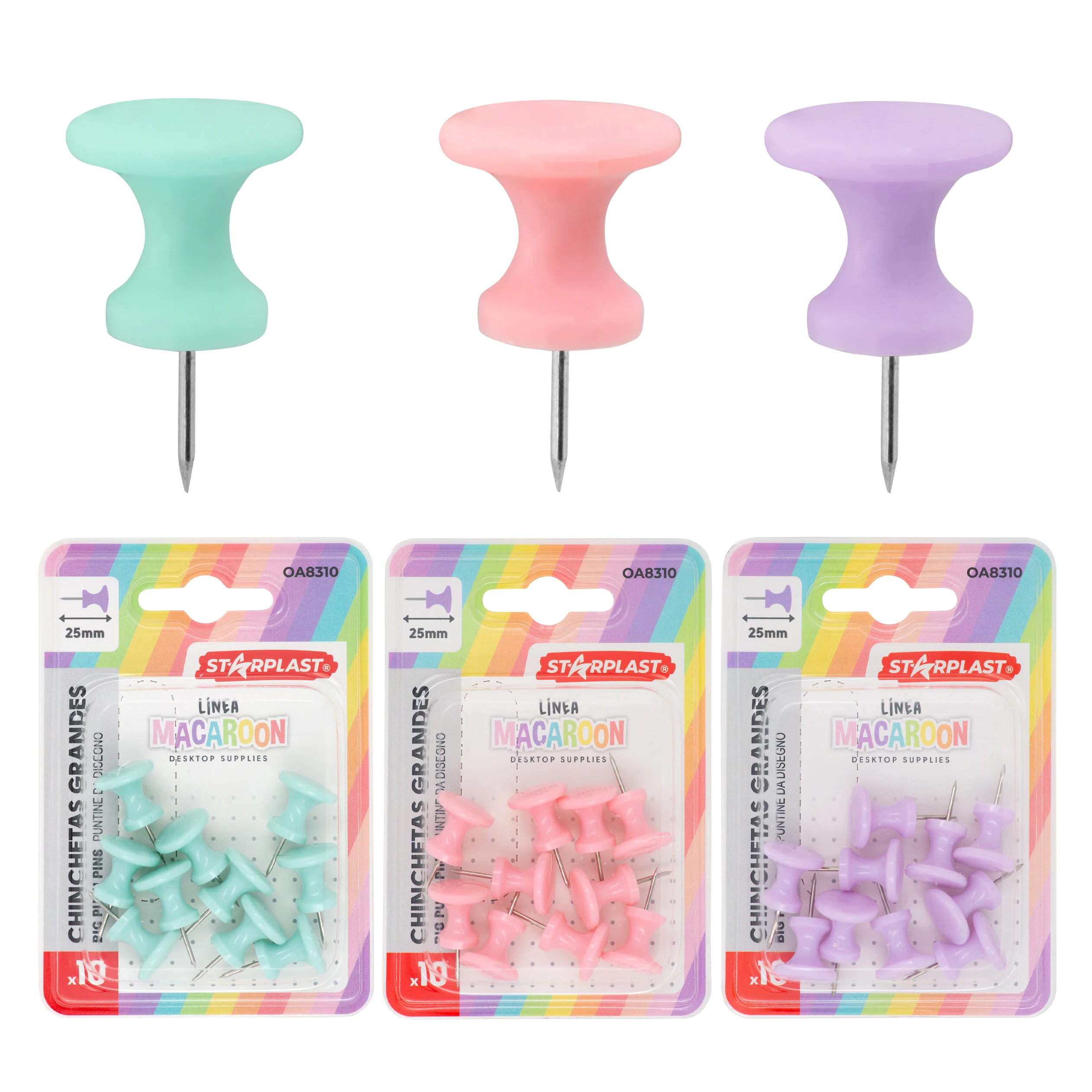 Chinchetas Plástico Starplast Colores pastel 25 mm. Colores, Rosa, Lila y Turquesa.