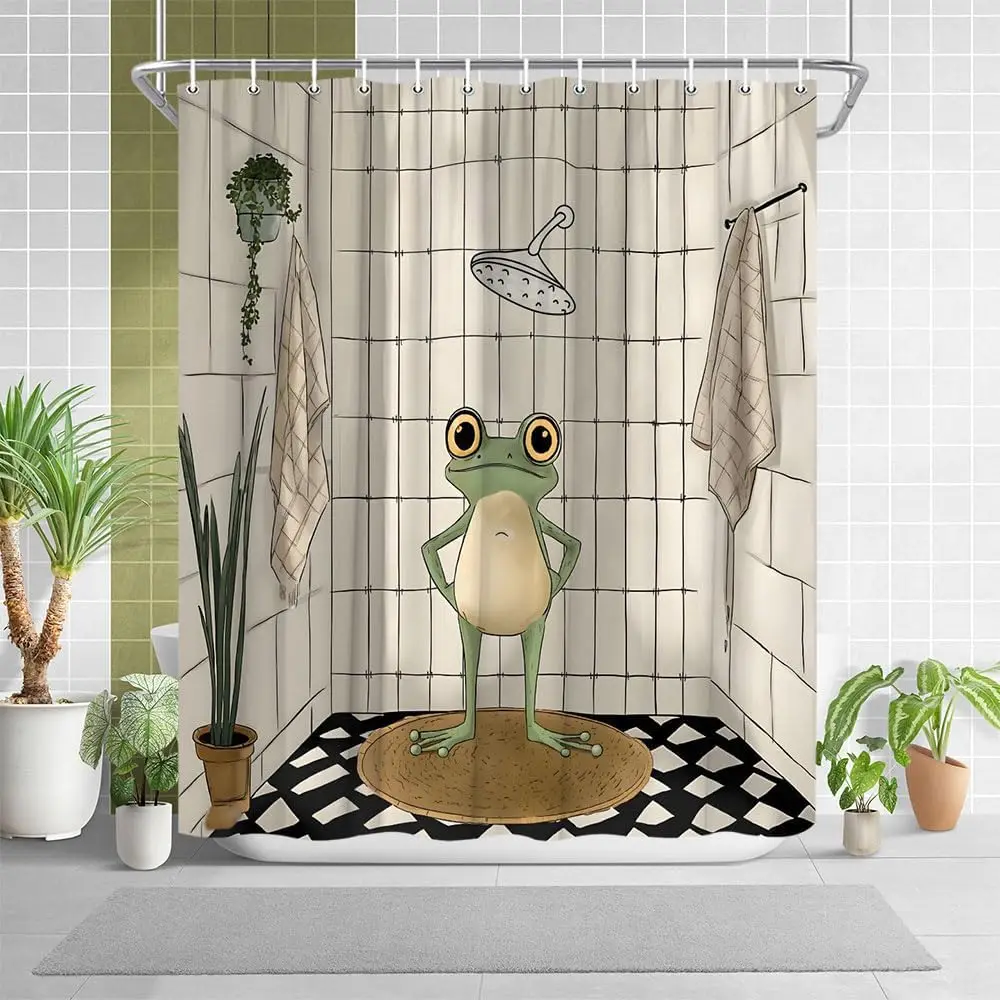 

Funny Frog Shower Curtain for Bathroom Retro Cute Frog Shower Curtain Vintage Fun Animal Polyester Fabric Bath Decora Curtain