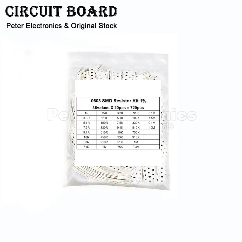 720PCS Set of Resistors 0603 SMD Assorted Kit 1R-10M Ohm 1% 1608 Resistance Sample Resistor 36values X 20pcs 1K 3.3M 9.1 10 330