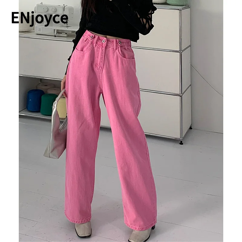 Women Vintage Colorful Adjustable High Waist Jeans Spring Fall Ladies Loose Denim Baggy Pants Y2K Streetwear Wide Leg Trousers