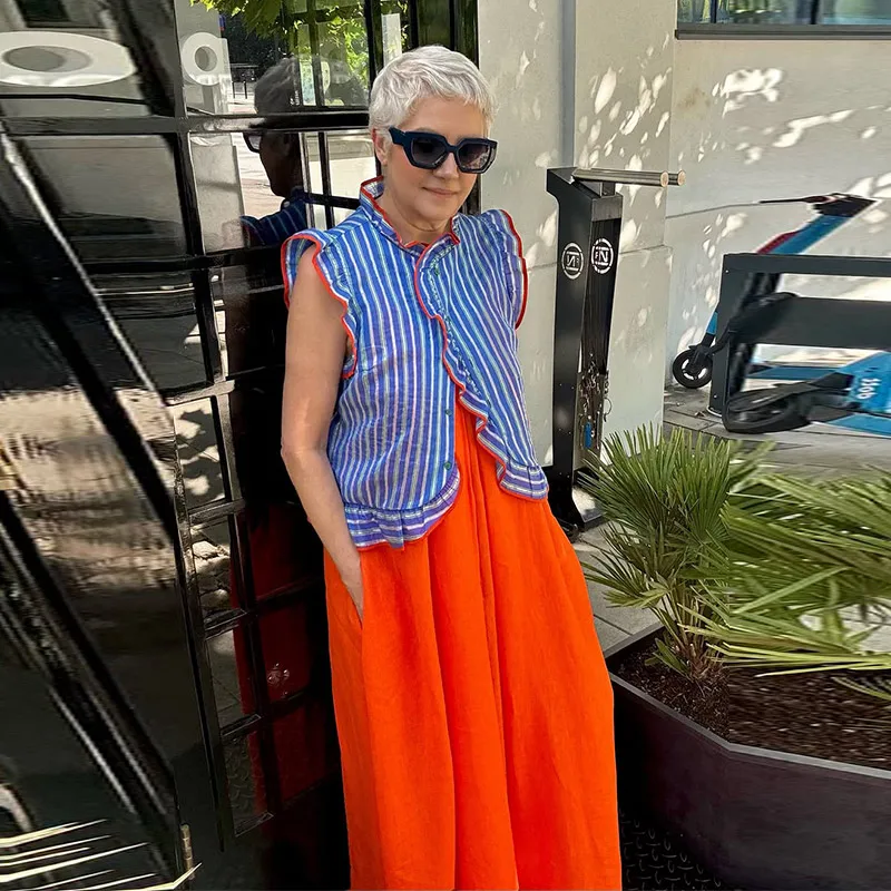 Gestreifte Bluse mit Rüschen und Paneelen für Damen, Streetwear, Rollkragen, ärmellos, einreihig, schmales Hemd, schickes Party-Oberteil für Damen, neu – Detail 11