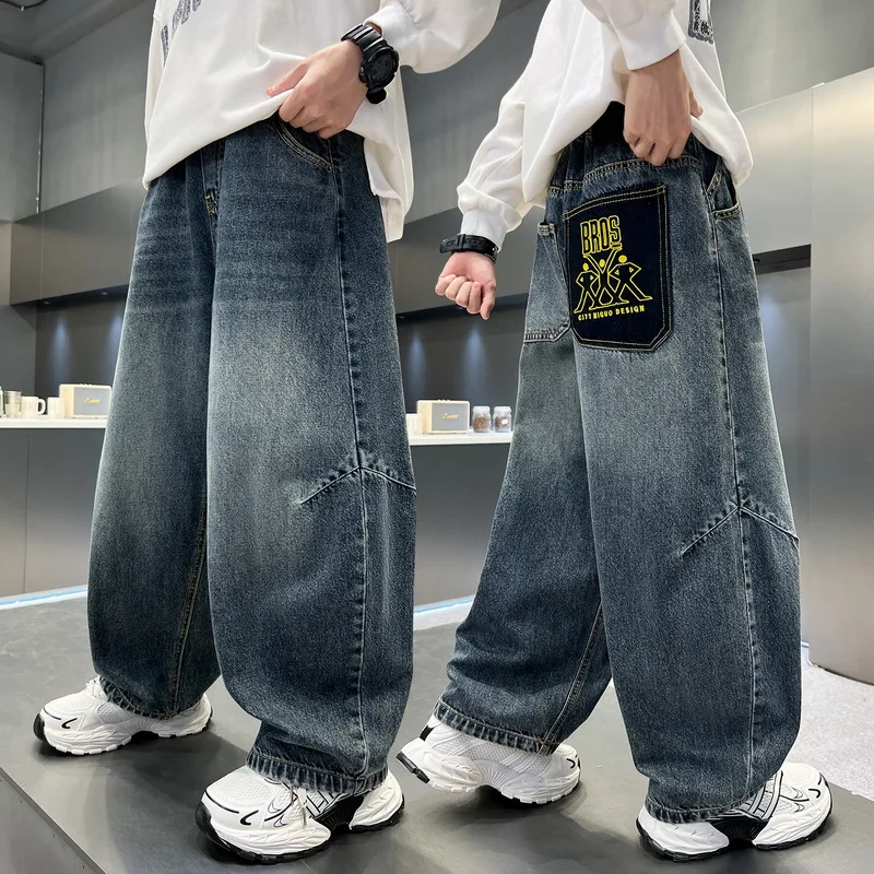 Spring Boys Relaxed Fit Straight Jeans With Letter Pocket For Kids Casual Street Style Denim Pants Child Vintage Blue Trousers