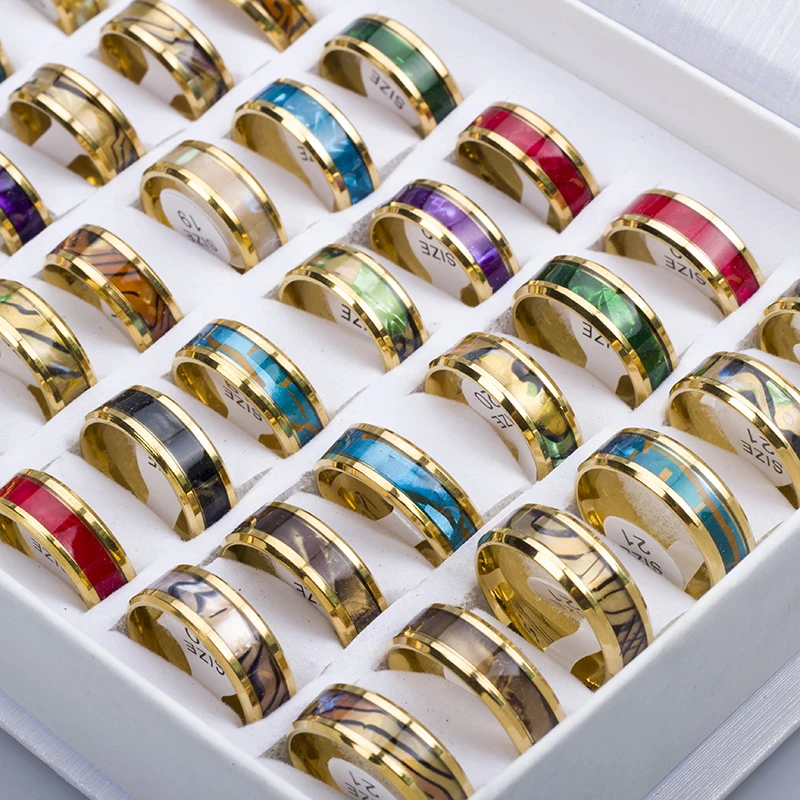 24 Pcs/Lot Fashion Sparkling Multicolor Shells Stainless Steel Rings For Women Men Mix Style Wedding Party Finger Jewelry