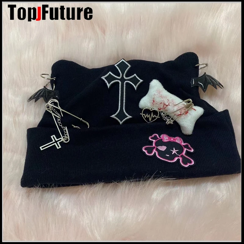 Harajuku Gothic Lolita Cat Ear Hat Women Punk  Cross Chain Subculture Spice Girl Beanie Hat Female Y2K Girls Accessories Cap