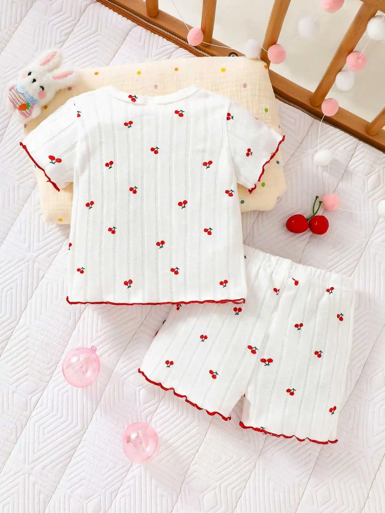 Newborn baby girl white knitted striped cherry print pattern short sleeved top paired with matching shorts, summer new style