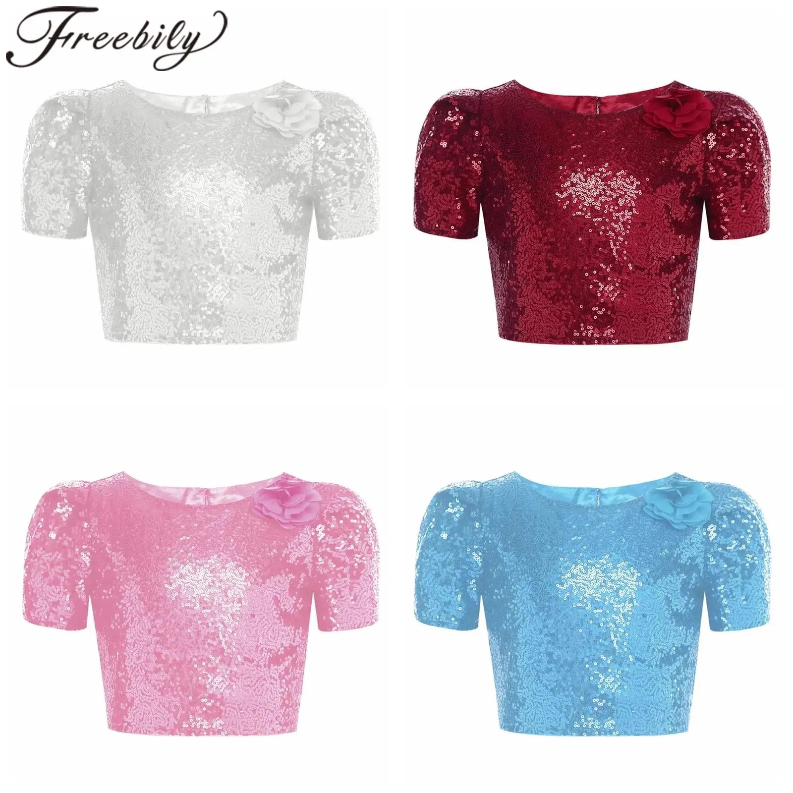 

Girls Sequins Short Sleeves T-shirt Children Jazz Dance Rave Party Costume Shiny T-shirts Tops Kids Princess Festival Costume