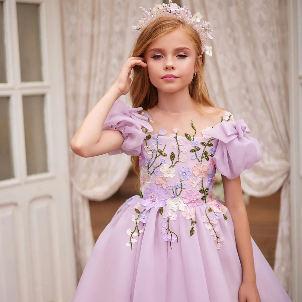 Purple Flower Girl Dress For Wedding Applique Short Sleeve Puffy Tulle With Bow Child First Eucharistic Birthday Party Dresses